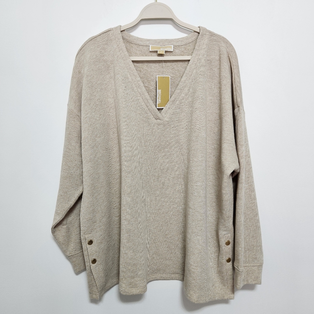 Michael Kors NWT Womens V-Neck  Sweater Jumper Cotton MSRP‎ $110 Cozy Beige 3X